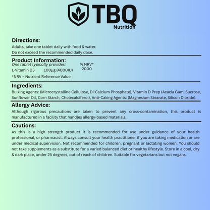 D3 4000 IU – 365 Tablets (1 Year Supply) - TBQ Nutrition
